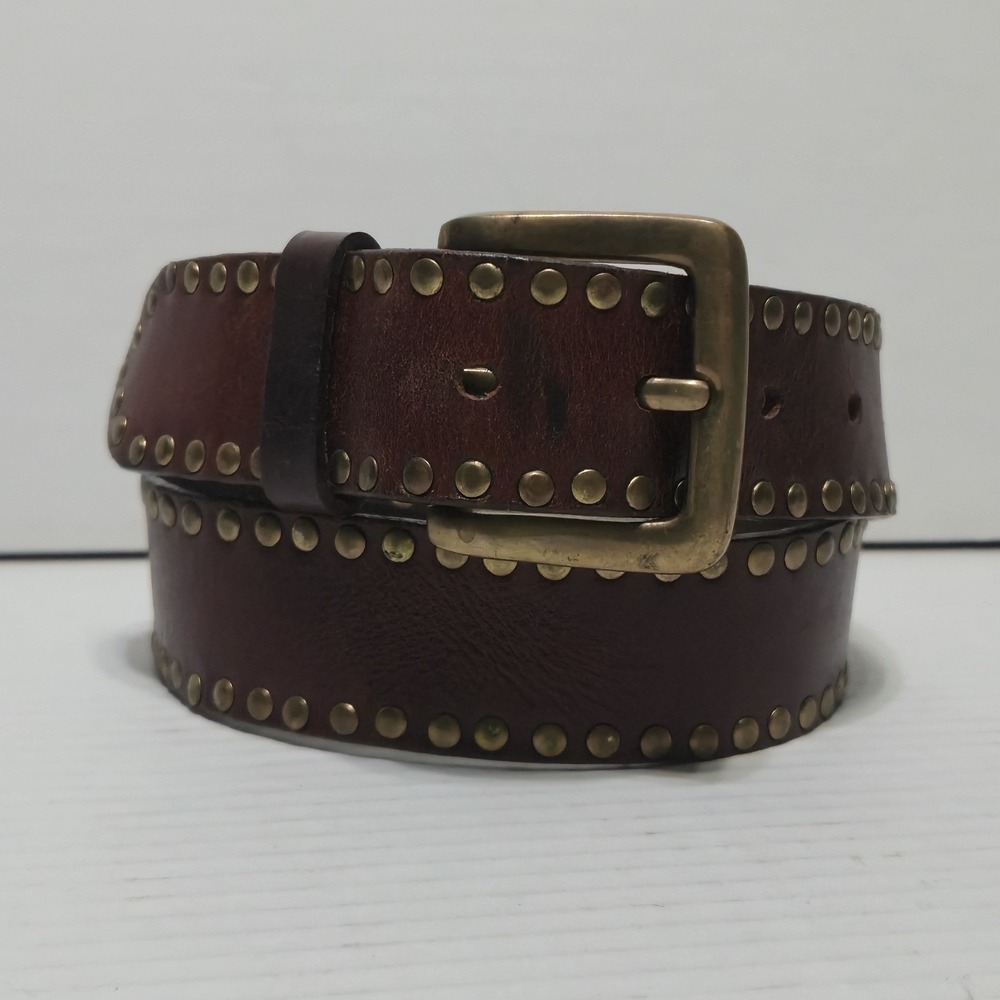 NY & Co Women Brown Leather Studded Belt Medium Brass Grommet Eyelet Y2K Boho